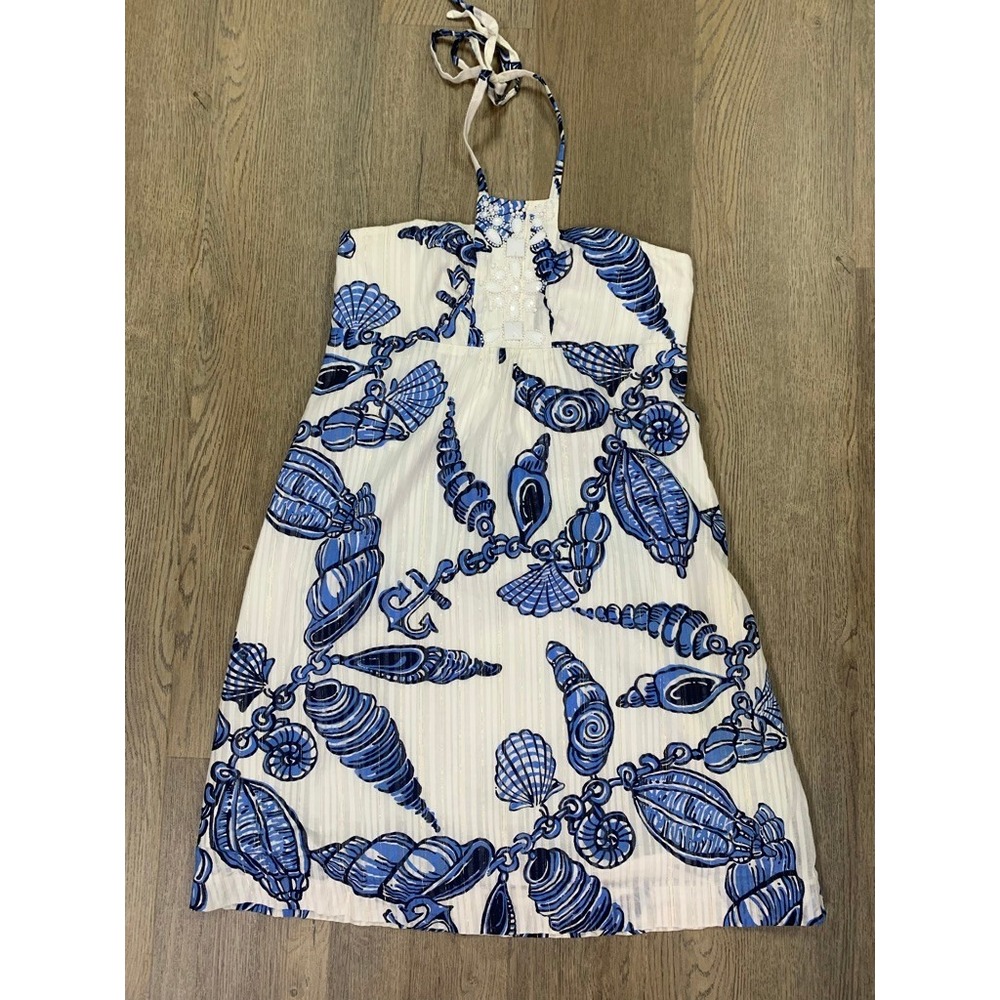 Lilly Pulitzer Blue White Stuffed Shell Print Halter Dress Beaded Stripe Sz 2